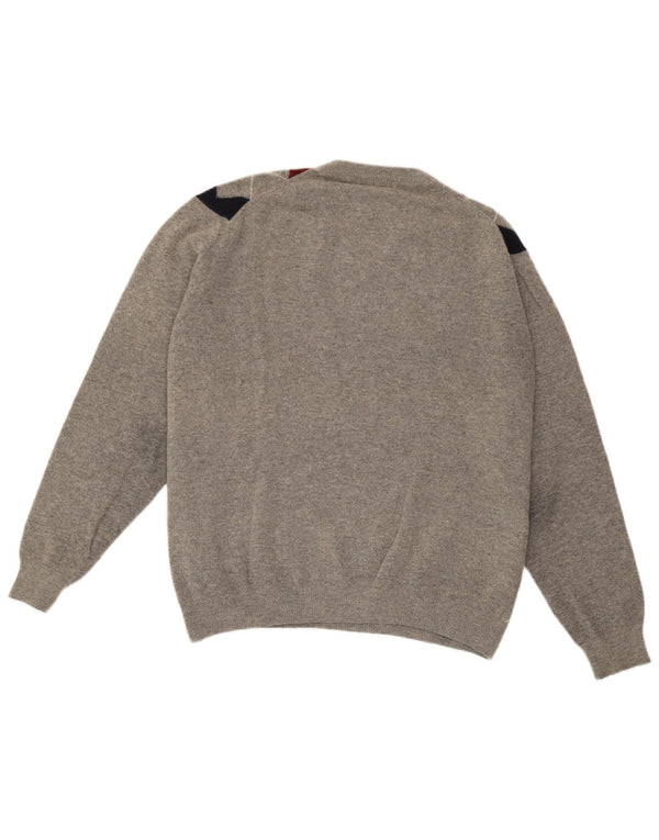 Męski sweter karabinowy z dekoltem w szpic, duży, szary, argyle/diamentowa wełna