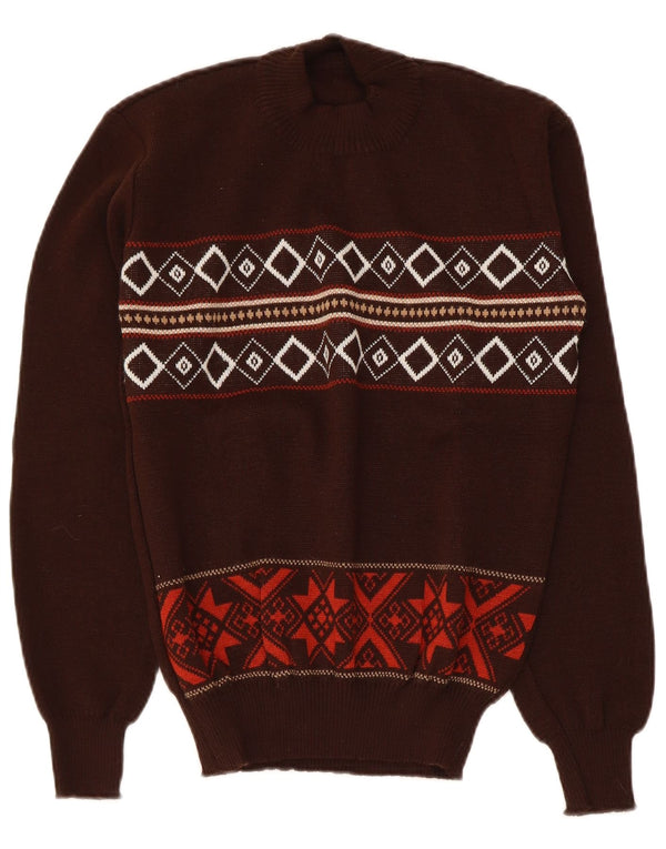 Vintage Womens Crew Neck Jumper Sweater UK 10 Small Brown Geometric