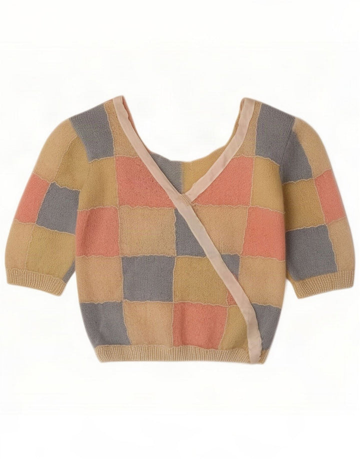 Damski sweter w stylu vintage z dekoltem w kształcie litery V UK 10 Mały wielobarwny patchwork