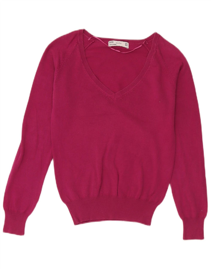 Sweter damski Zara z dekoltem w kształcie litery V, UK 12, średni róż
