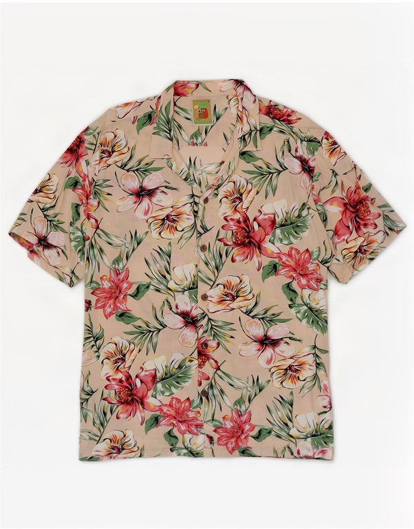 Vintage Mens Short Sleeve Shirt Large Beige Floral Hawaiian