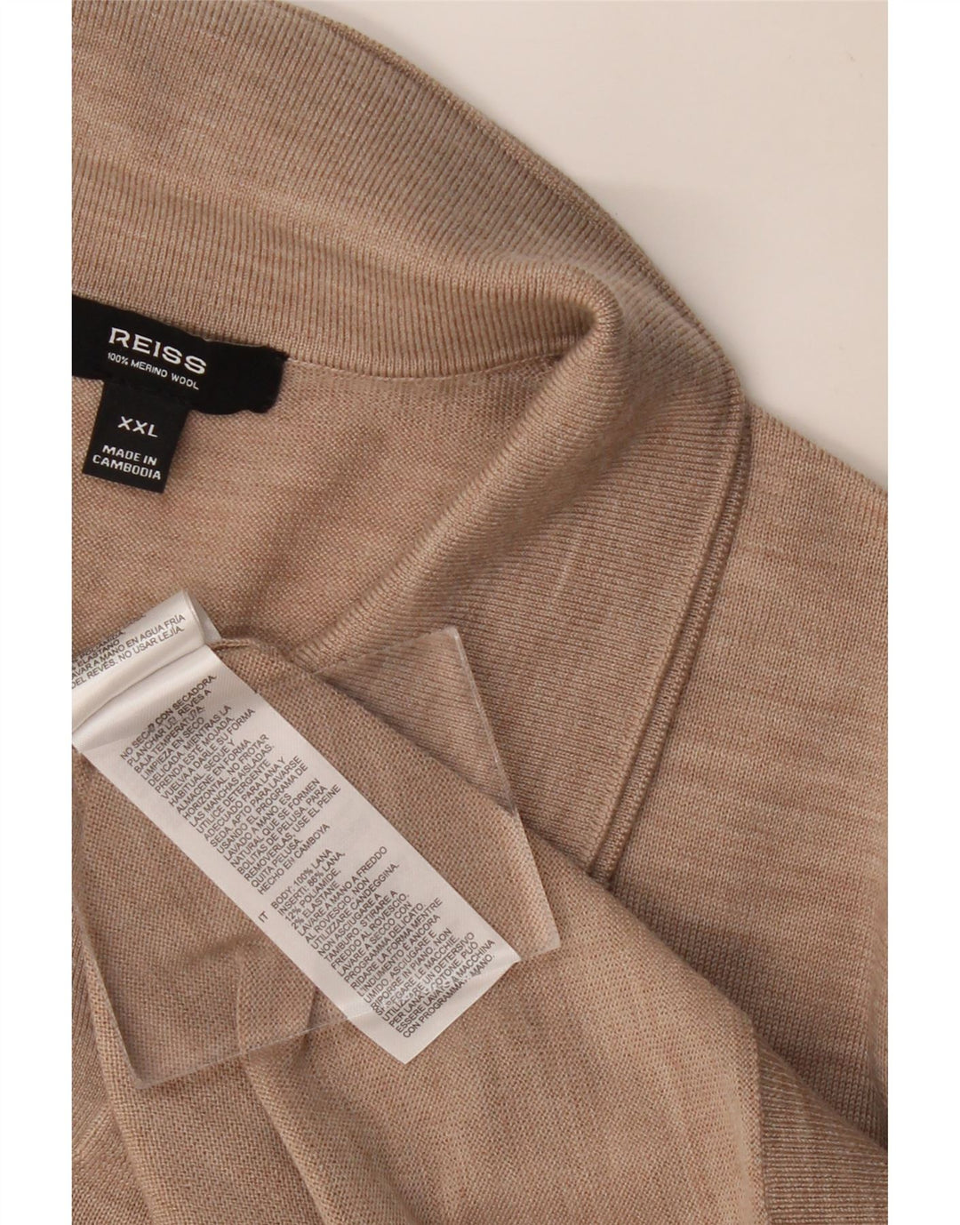 Męski sweter polo z krótkim rękawem REISS 2XL, beżowa wełna z plamkami