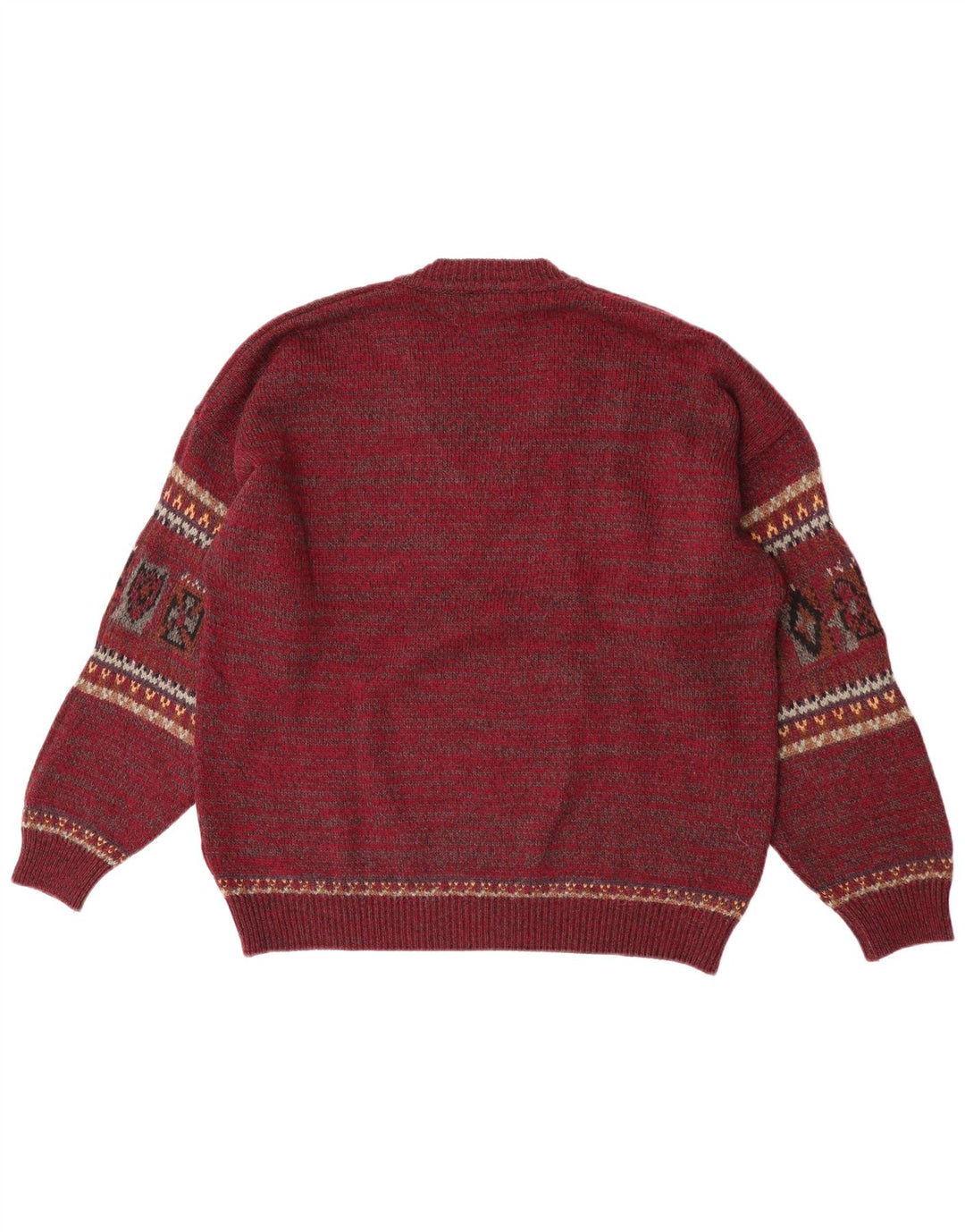 Fiume Męski sweter z dekoltem w serek, duży, bordowy, wełna Fair Isle