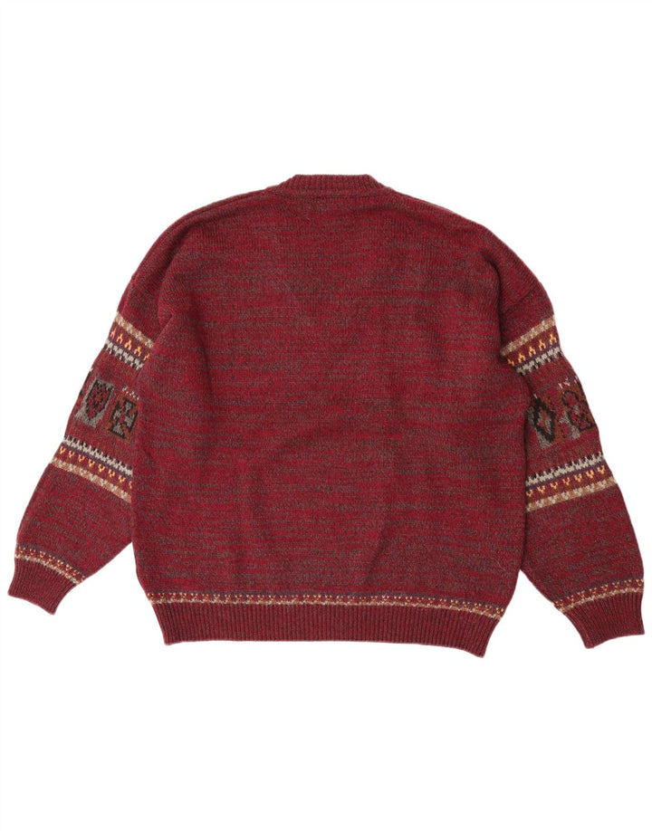 Fiume Męski sweter z dekoltem w serek, duży, bordowy, wełna Fair Isle