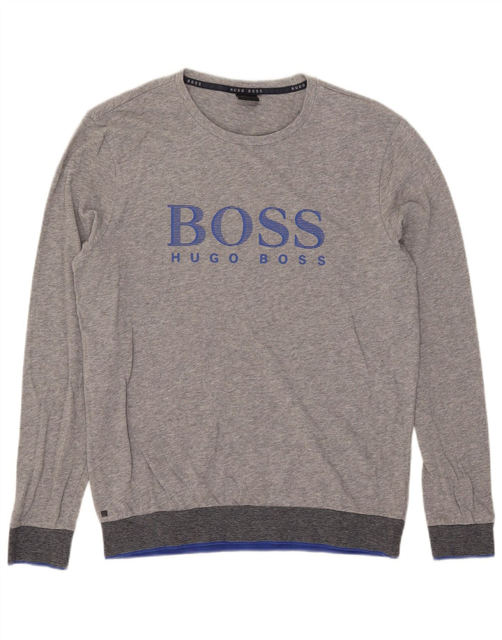 Męski top z grafiką Hugo Boss z długim rękawem, średnioszary, bawełniany w cętki