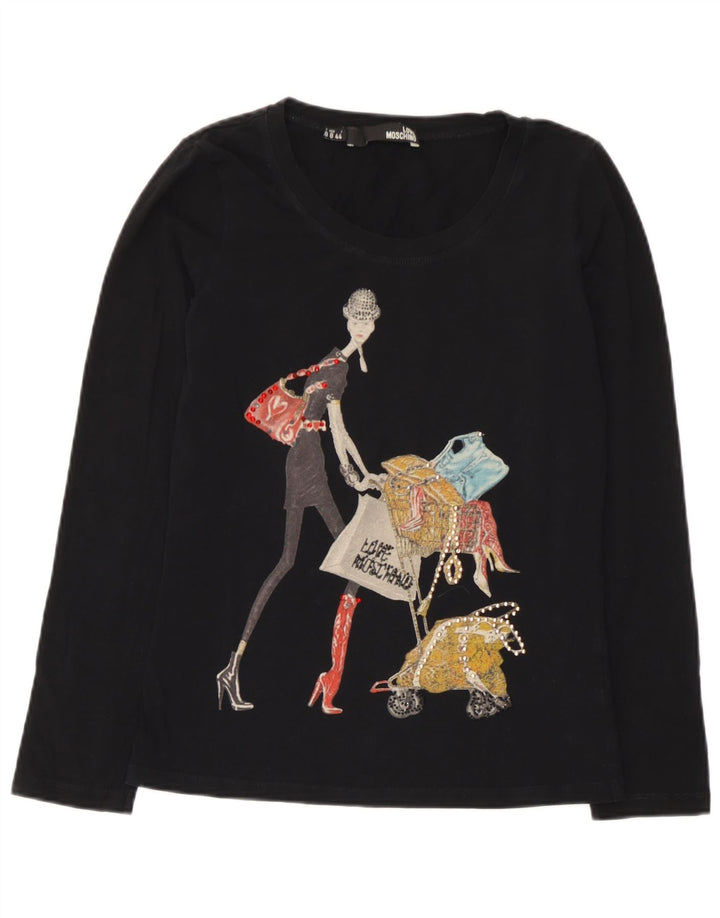 Damski top graficzny Moschino z długim rękawem UK 12, średni czarny