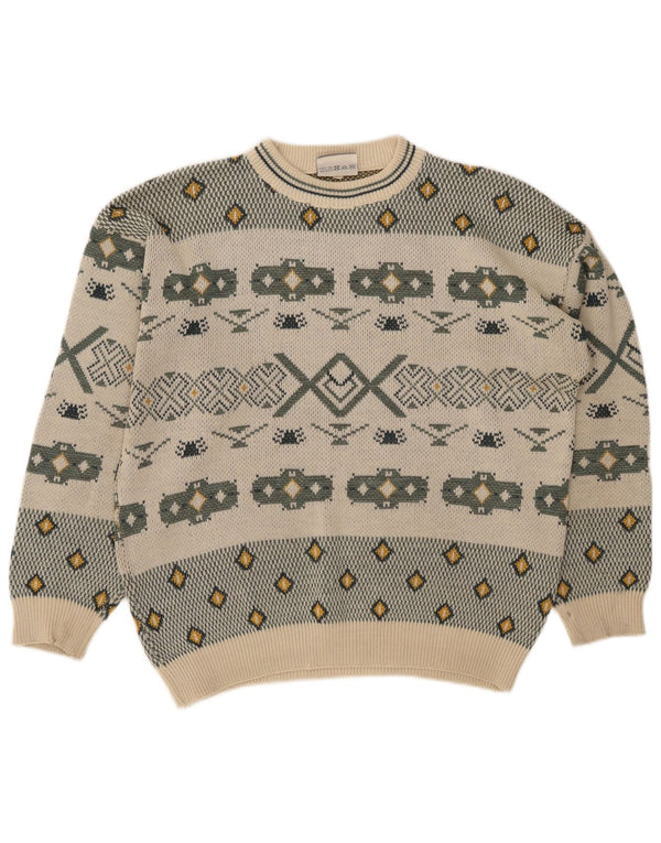 Vintage męski sweter z okrągłym dekoltem, duży, złamany biały kolor, retro