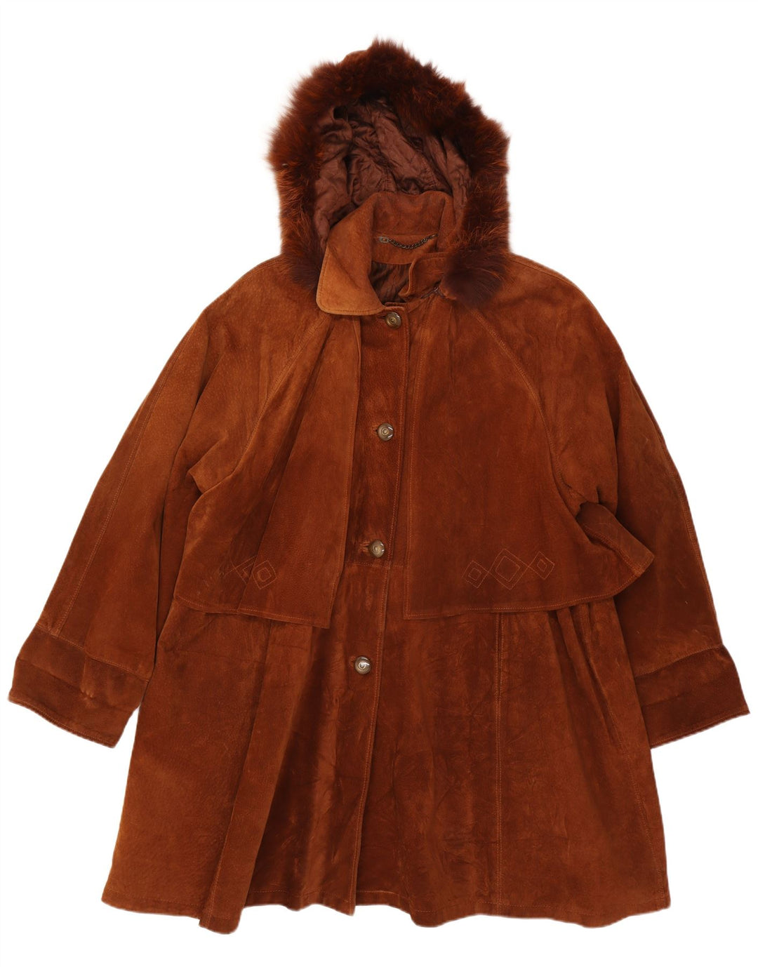Vintage damski, oversize'owy, zamszowy płaszcz z kapturem IT 44, średniej wielkości brązowa skóra