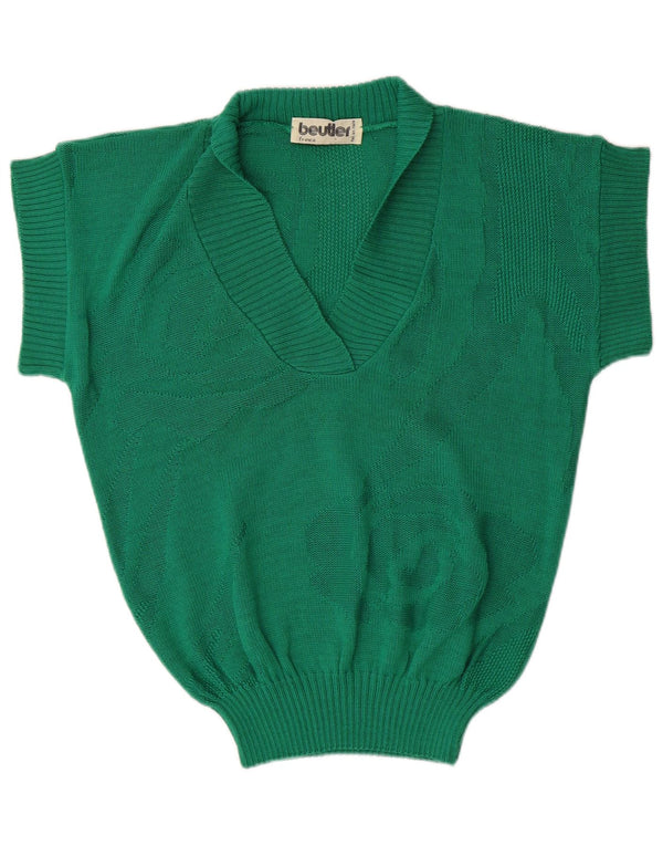 Sweter damski w stylu vintage z krótkim rękawem i szalowym dekoltem UK 10 Small Green