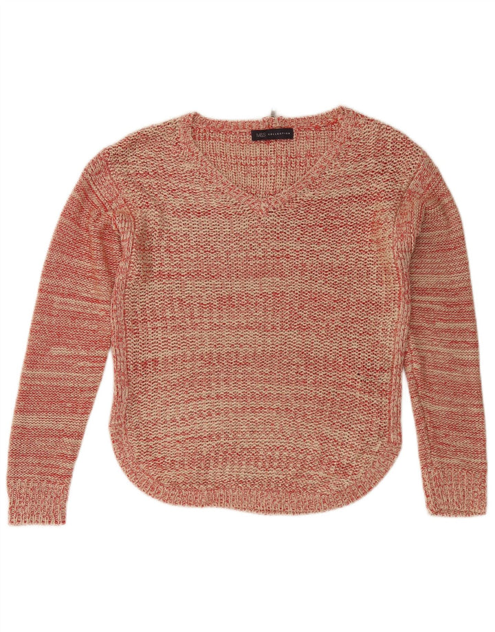 Marks & Spencer Damski sweter z dekoltem w kształcie litery V, UK 10, mały, czerwony, nakrapiany