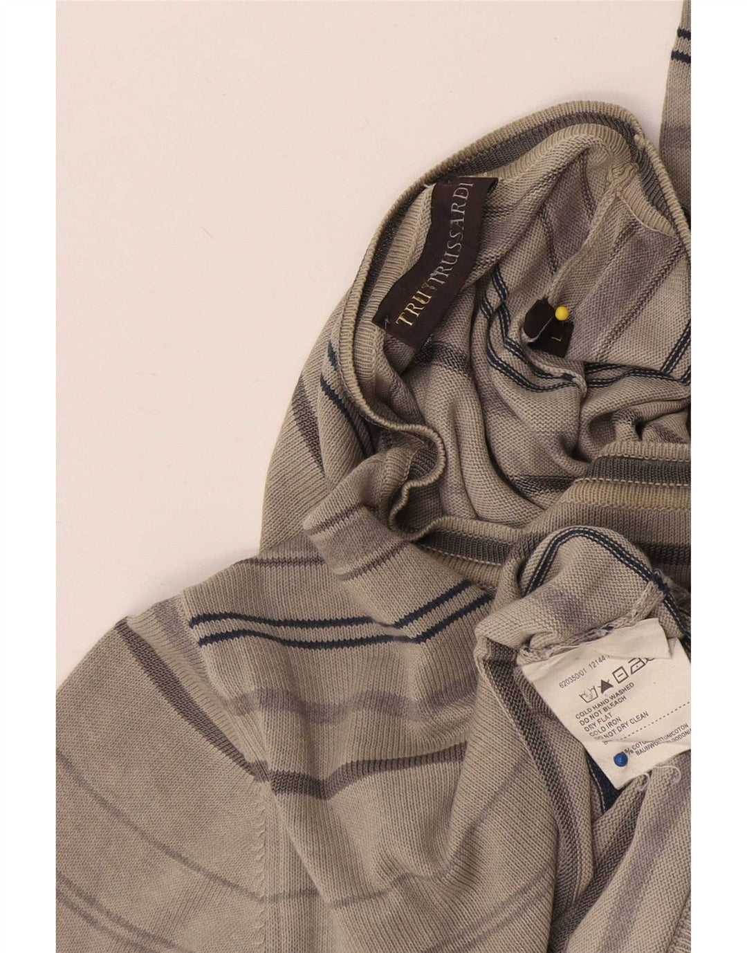 Męski sweter Trussardi z okrągłym dekoltem, duży, szary, bawełniany w paski