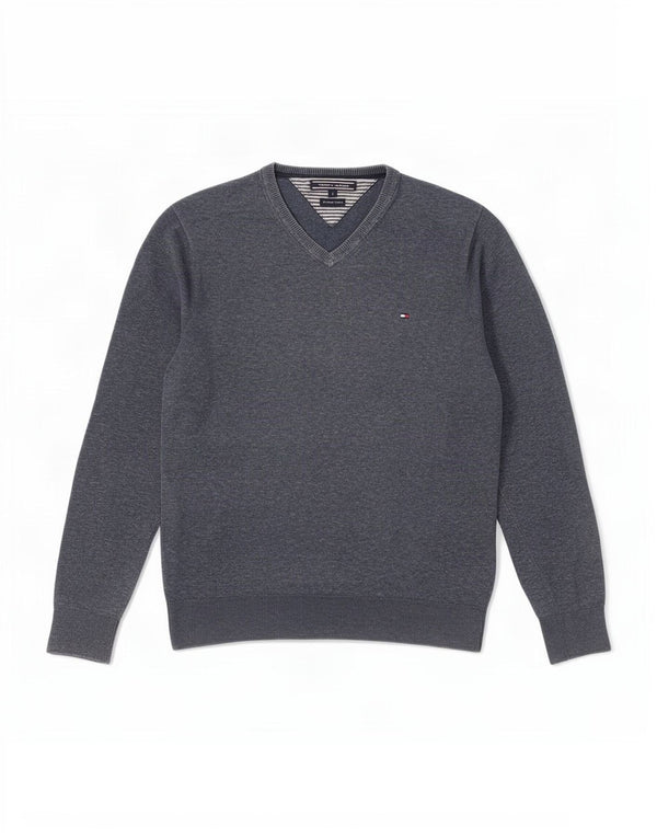 Męski sweter Tommy Hilfiger z dekoltem w kształcie litery V, mały, granatowy, bawełniany w cętki