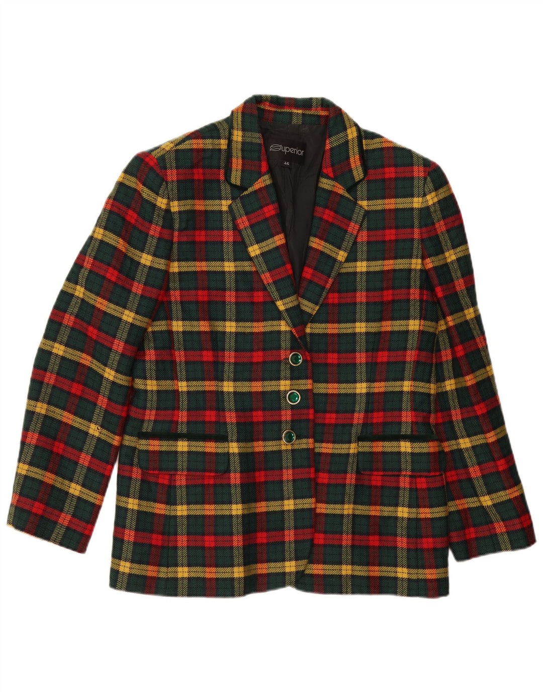 Doskonała damska marynarka zapinana na 3 guziki IT 46, duża, zielona, dziewicza wełna w kratkę