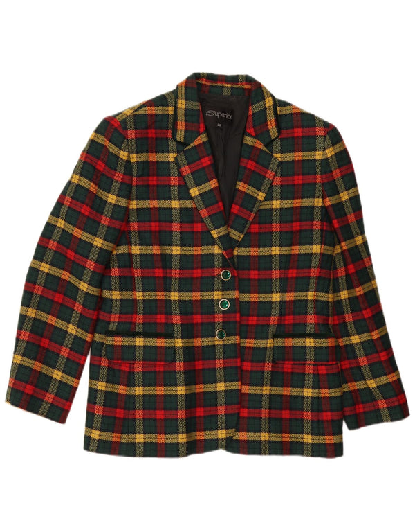 Doskonała damska marynarka zapinana na 3 guziki IT 46, duża, zielona, dziewicza wełna w kratkę