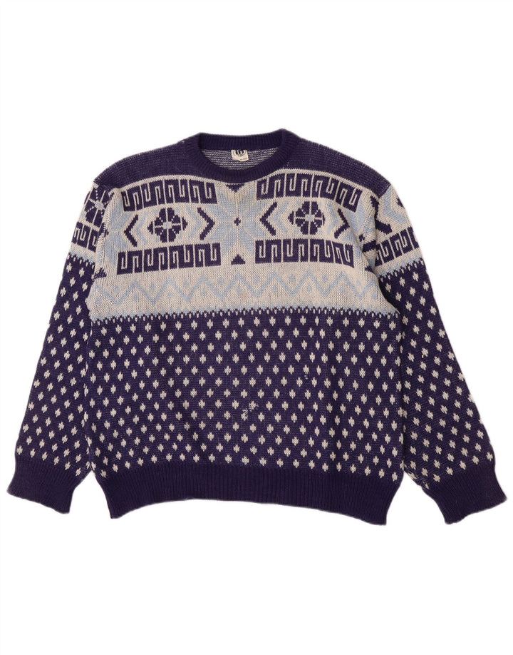 Vintage męski sweter z okrągłym dekoltem, średni granatowy geometryczny