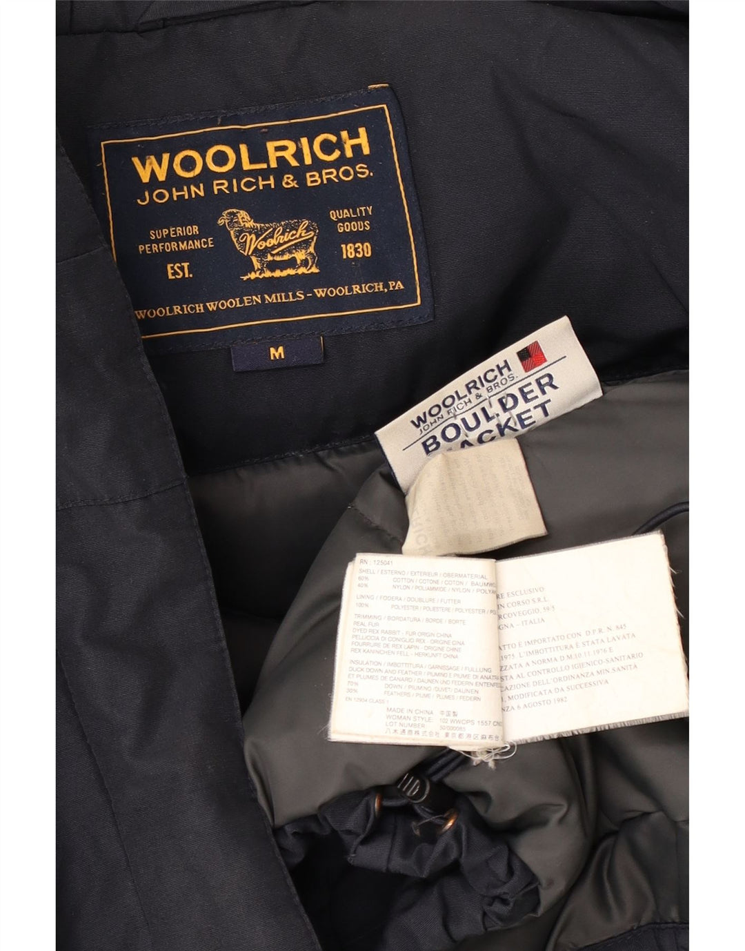 Damska ocieplana kurtka z kapturem Woolrich UK 14 Średni granatowy, bawełniany