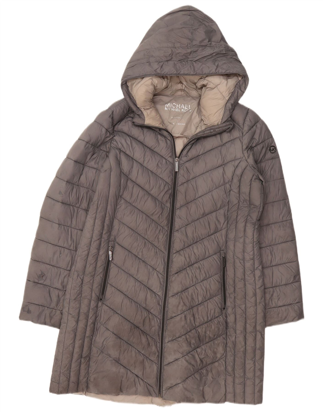 MICHAEL KORS Damski ocieplany płaszcz z kapturem UK 16, duży, szary nylon