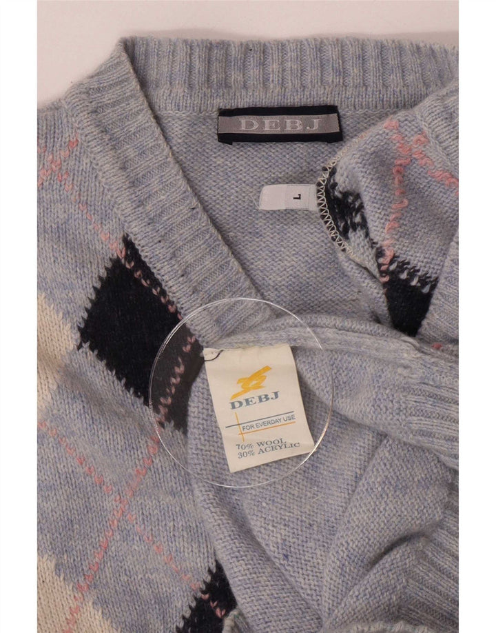 Vintage męski sweter z dekoltem w szpic, duży niebieski Argyle/diamentowa wełna