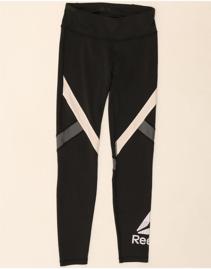 REEBOK Womens Graphic Leggings UK 8/10 Small  Grey Colourblock Polyester Vintage Reebok and Second-Hand Reebok from Messina Hembry 
