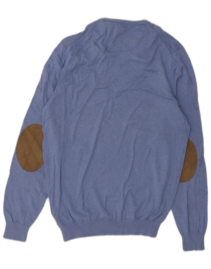Męski sweter Massimo Dutti z dekoltem w kształcie litery V, średnioniebieski, bawełniany