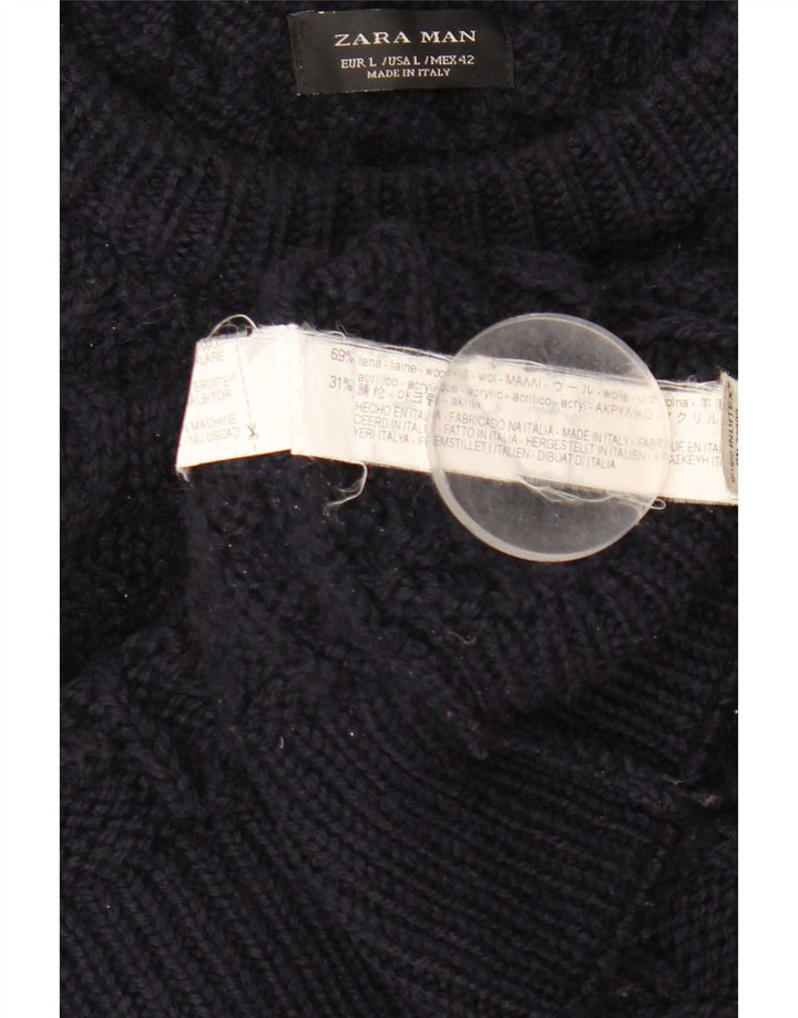 Zara Męski sweter z dekoltem w łódkę, duży, granatowy, wełniany