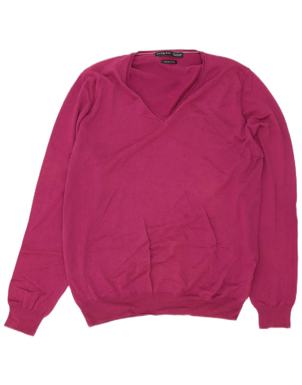 Męski sweter Zara z dekoltem w kształcie litery V, duży, fioletowy, bawełniany