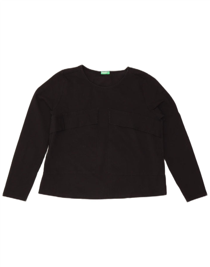 BENETTON Damski top oversize z długim rękawem UK 10, mały, czarny, bawełniany