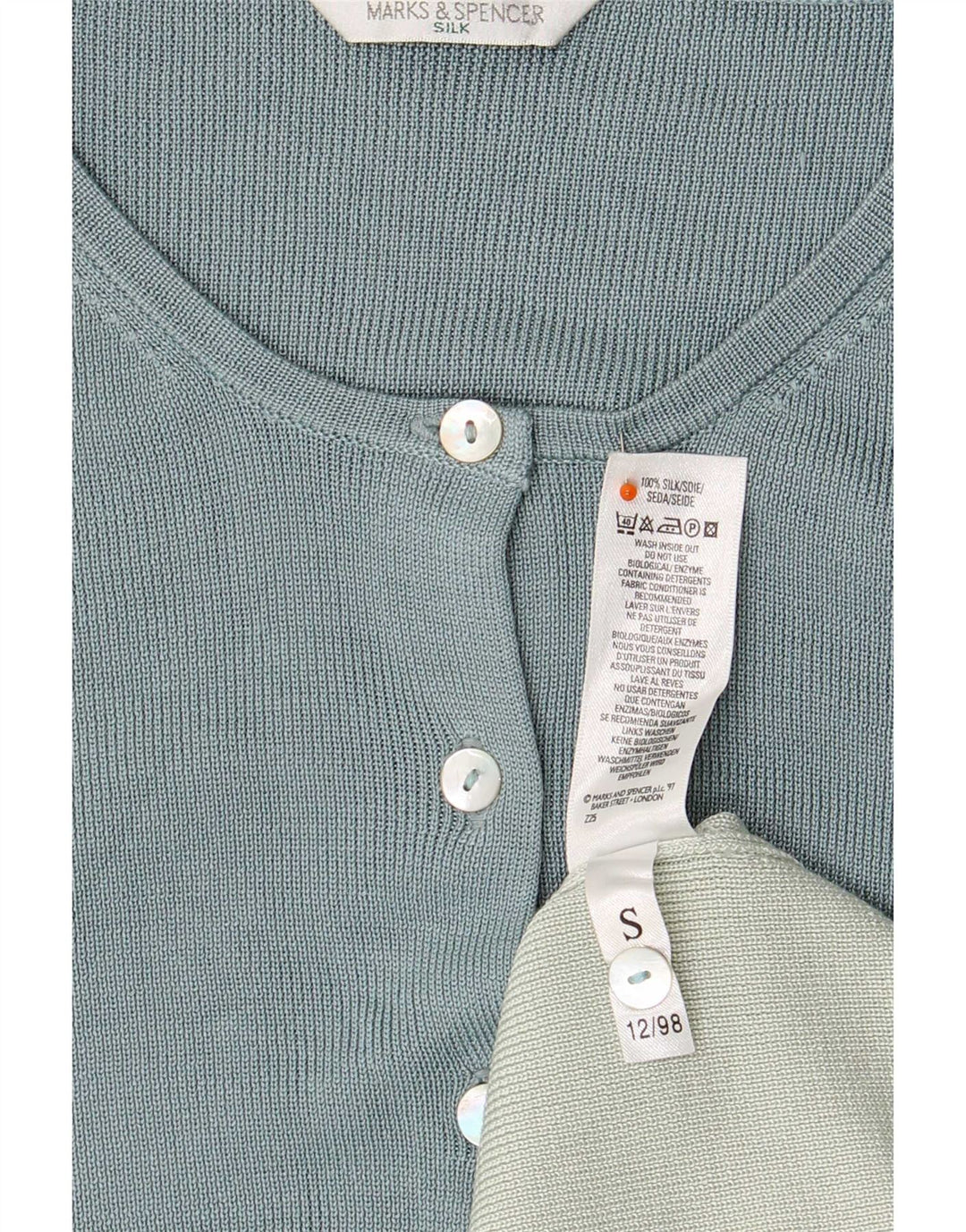 Marks & Spencer Damski sweter rozpinany UK 16, duży, niebieski, jedwabny w bloki kolorów