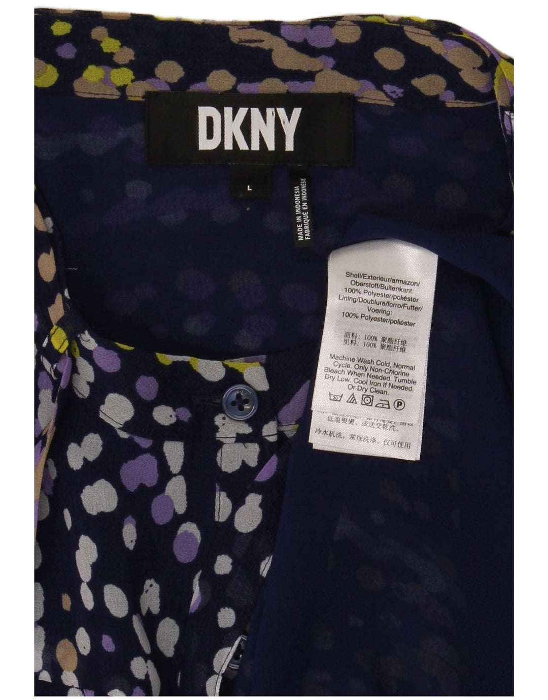 Damska bluzka koszulowa Dkny z falbaną z przodu, UK 16, duża, granatowa w cętki