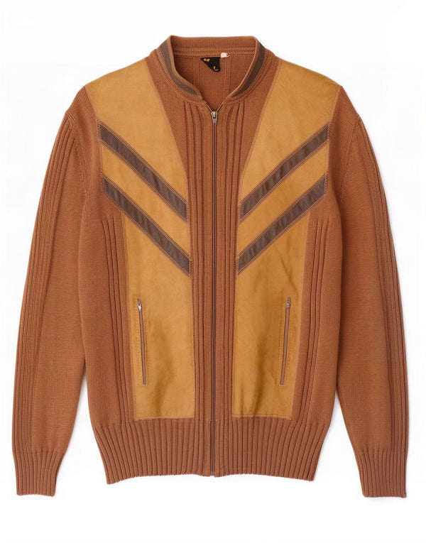 Sweter męski w stylu vintage IT 56 2XL Brązowa wełna z blokami kolorów