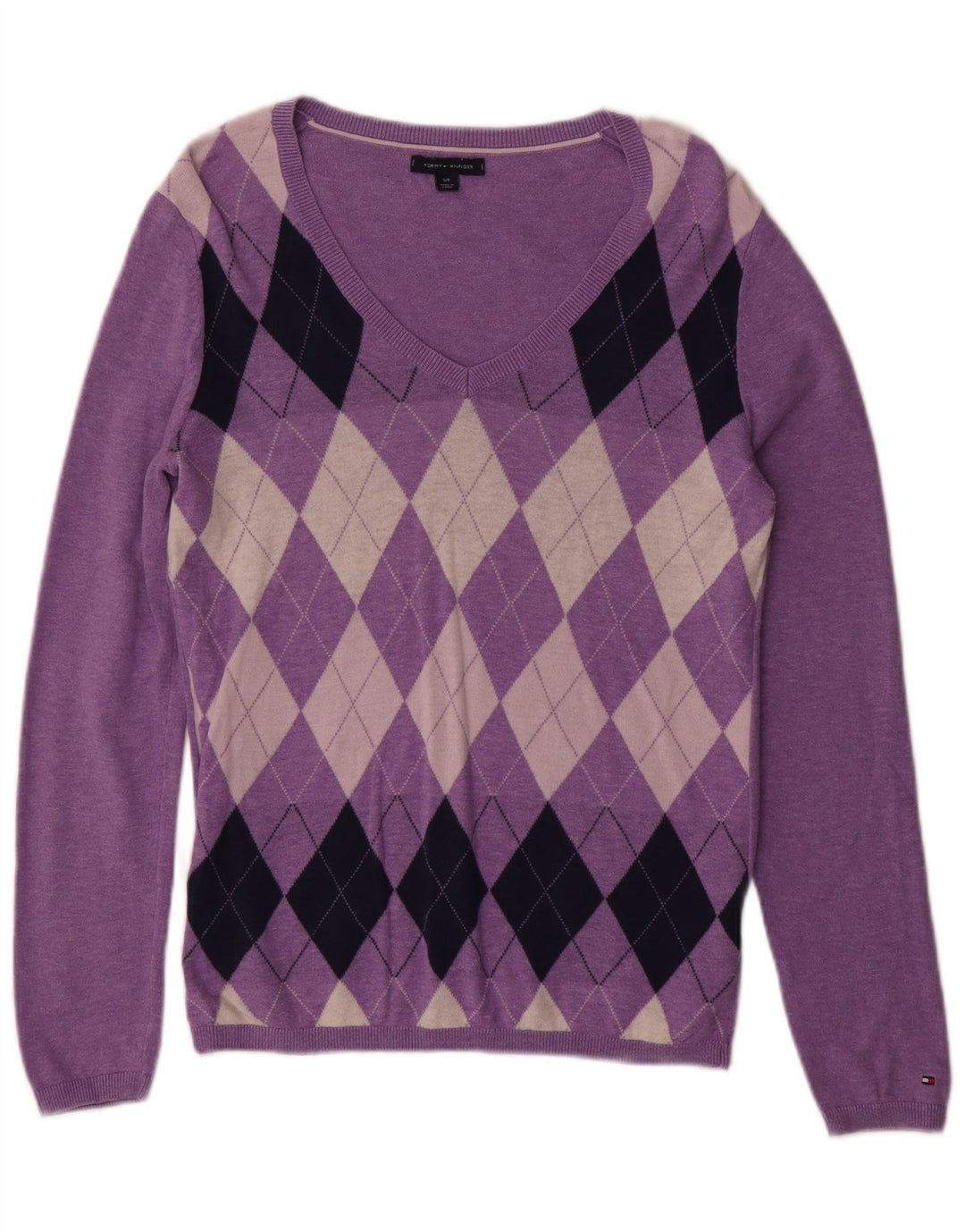 Damski sweter TOMMY HILFIGER z dekoltem w kształcie litery V, UK 10, mały fiolet