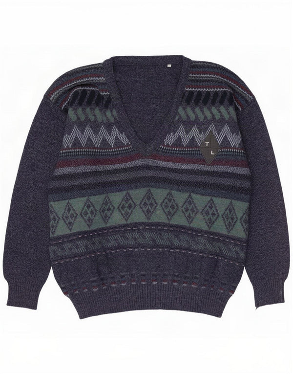 Męski sweter w stylu vintage z dekoltem w kształcie litery V, duży granatowy Argyle/diamentowa wełna