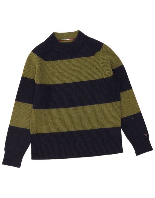 Tommy Hilfiger Mens Turtle Neck Jumper Sweater Medium Khaki Striped Wool