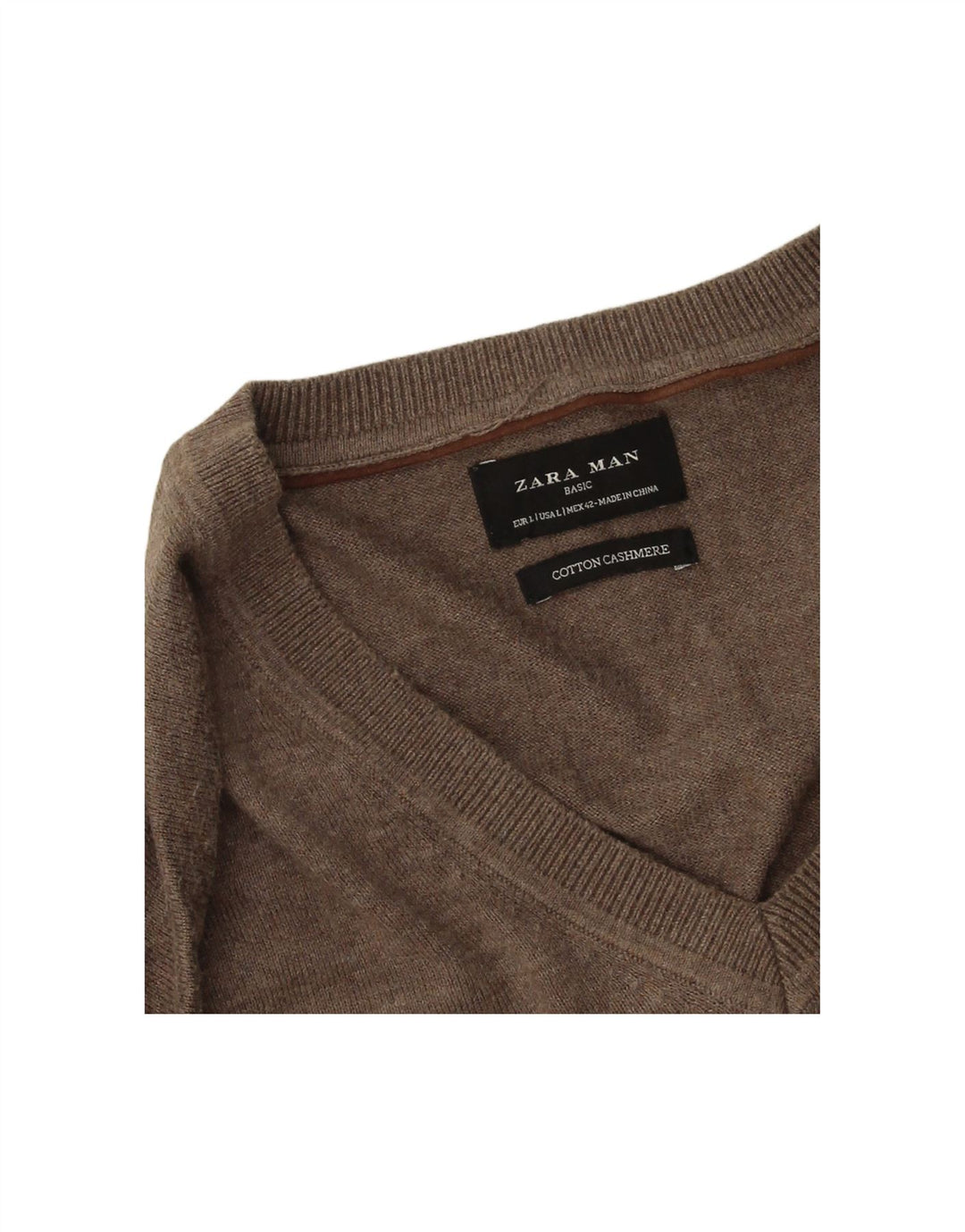 ZARA Mens V-Neck Jumper Sweater Large Brown Cotton