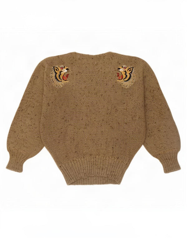 Sweter damski w stylu vintage z dekoltem w łódkę UK 10 Mały beżowy nadruk zwierzęcy