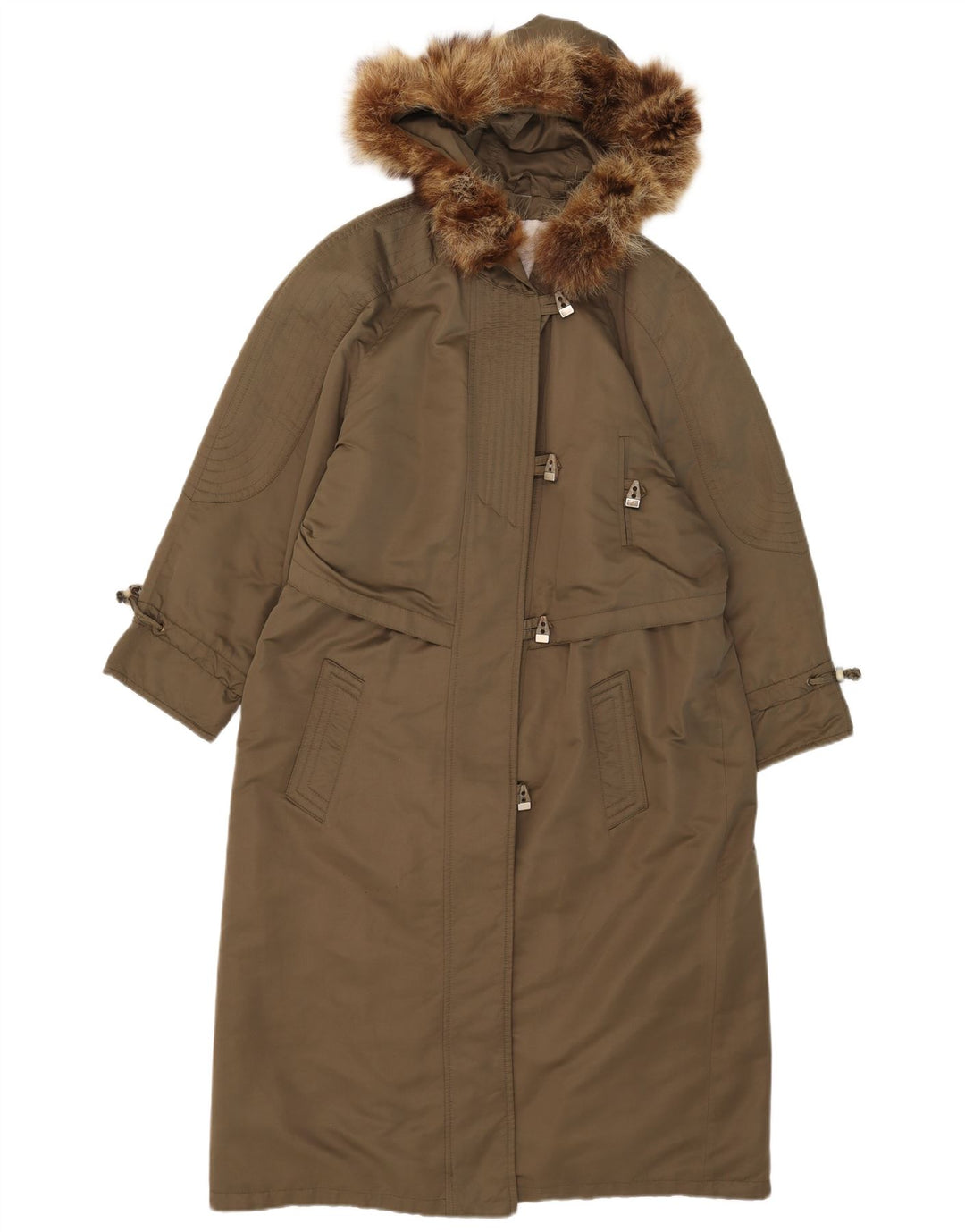 Vintage damski płaszcz z kapturem, UK 14, duży, khaki, poliester