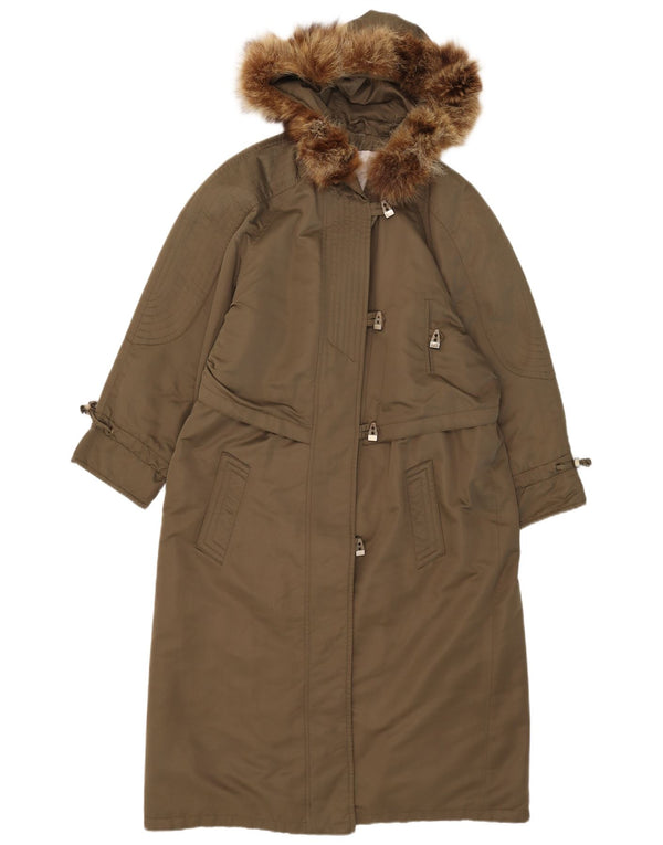 Vintage damski płaszcz z kapturem, UK 14, duży, khaki, poliester