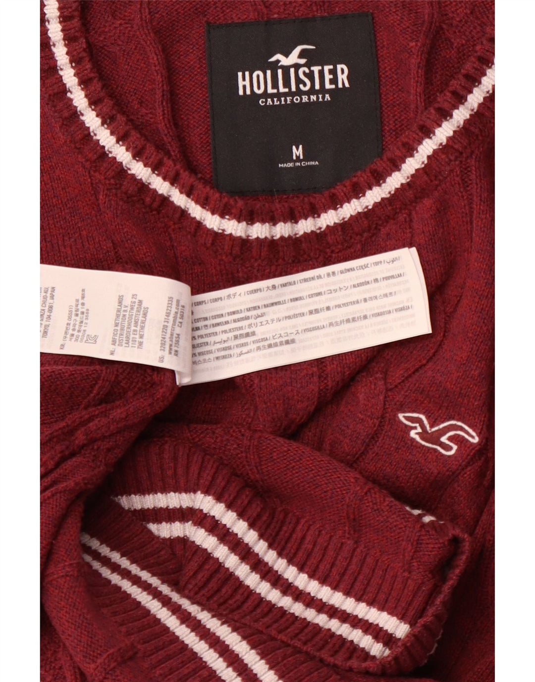 HOLLISTER Męski sweter z okrągłym dekoltem, średniej wielkości bordowa bawełna