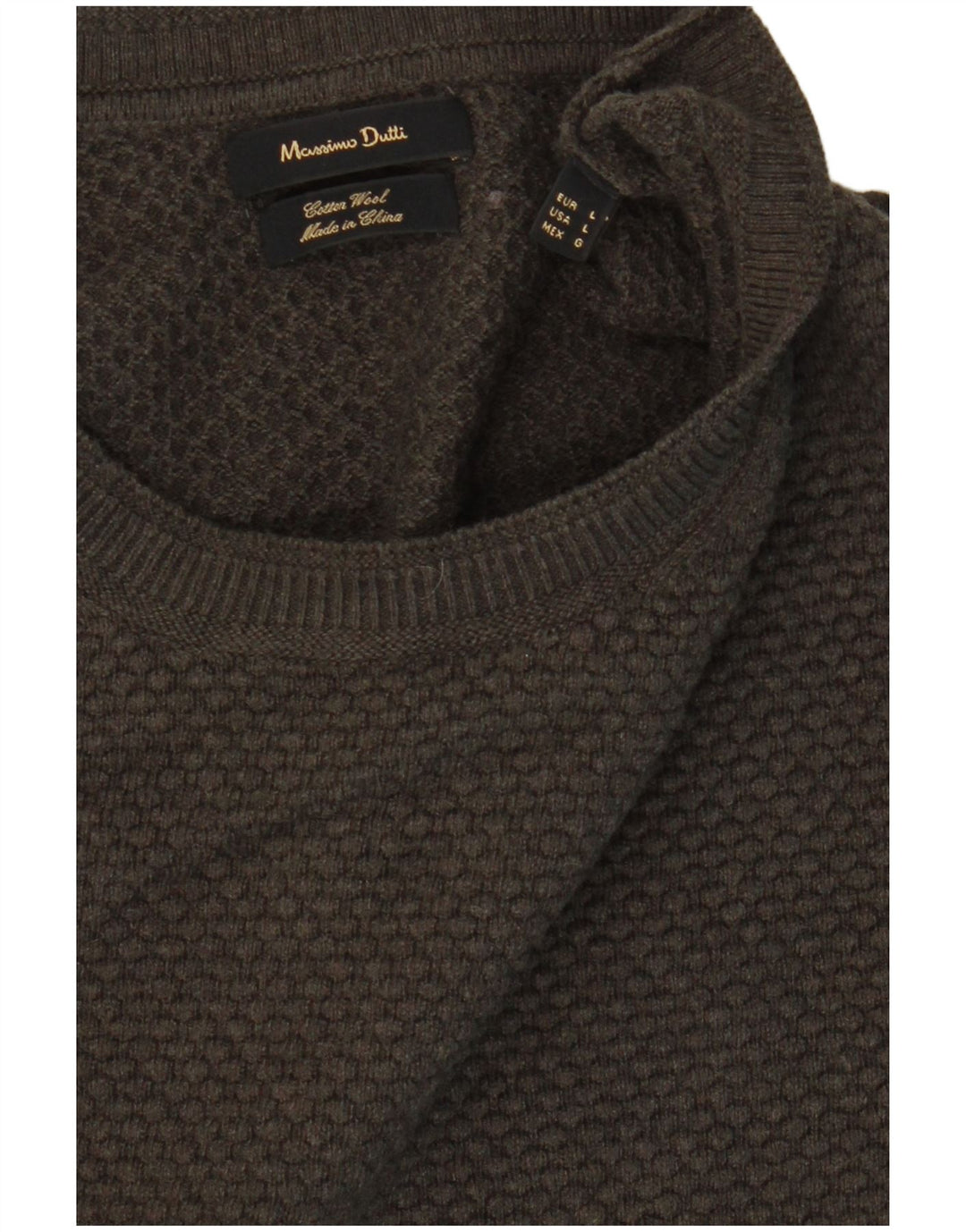 MASSIMO DUTTI Męski sweter z okrągłym dekoltem, duży, bawełniany khaki