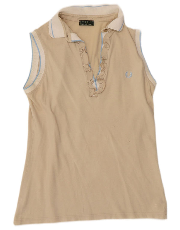 Damska koszulka polo FRED PERRY z falbanką z przodu, UK 14, duży beżowy blok kolorów
