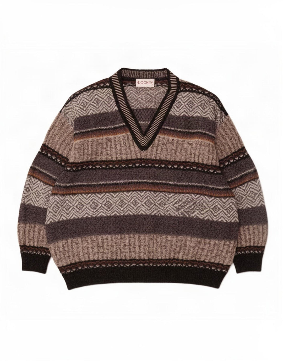 Męski sweter Jockey z dekoltem w szpic, duży, szary, wełniany w paski