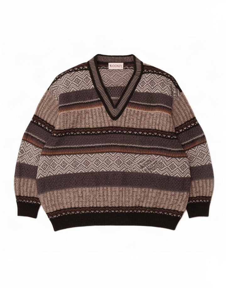 Męski sweter Jockey z dekoltem w szpic, duży, szary, wełniany w paski