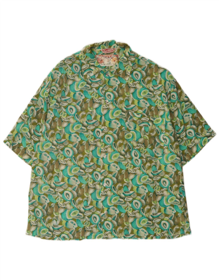 Męska koszula z krótkim rękawem w stylu vintage, abstrakcyjny wzór, średni zielony sztuczny jedwab