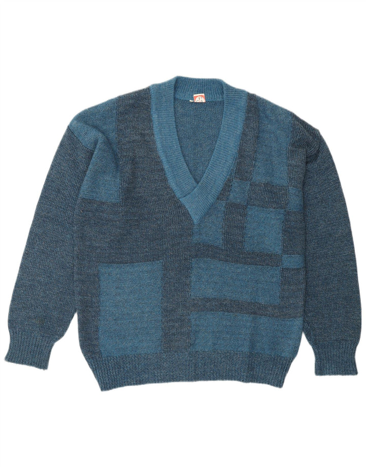 Męski sweter VINTAGE z dekoltem w kształcie litery V IT 50 Średni niebieski geometryczny poliakryl