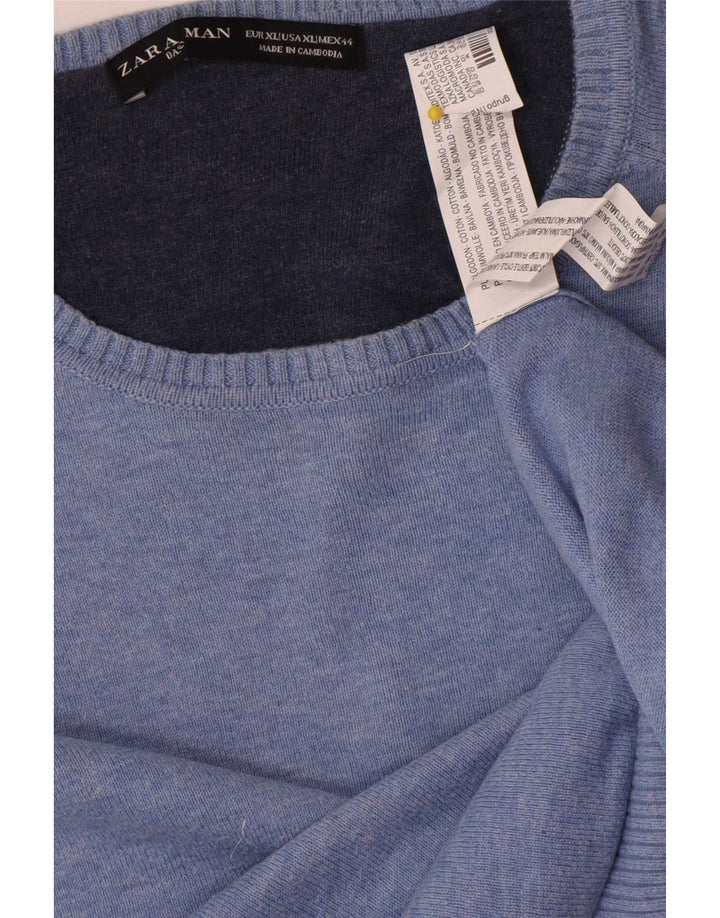 Męski sweter z okrągłym dekoltem Zara XL, niebieski, bawełniany
