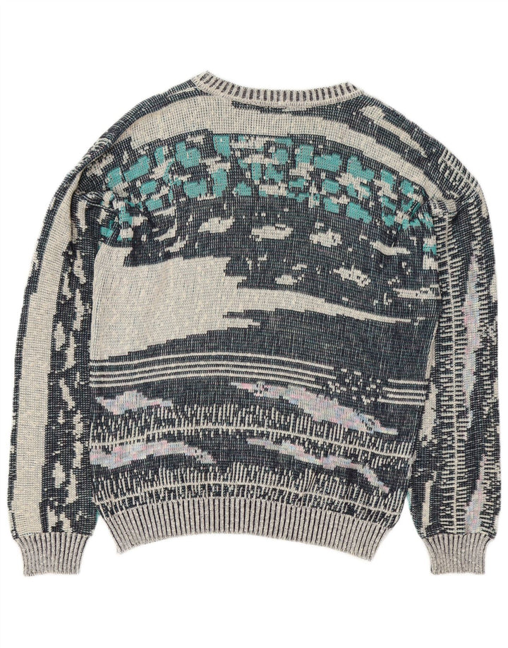 Męski sweter w stylu vintage z abstrakcyjnym wzorem i okrągłym dekoltem, średni niebieski