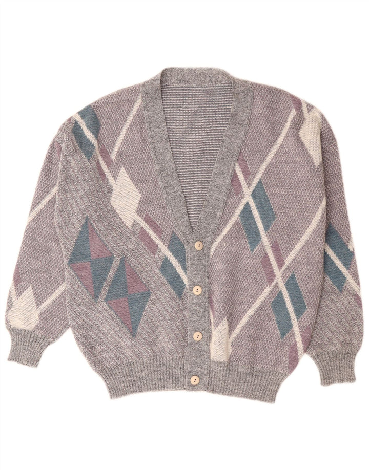 Vintage męski sweter rozpinany, duży, szary Argyle/diament