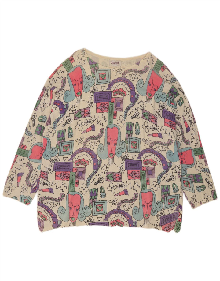 Damski top oversize z grafiką Benetton z długim rękawem, UK 14, średni złamanej bieli