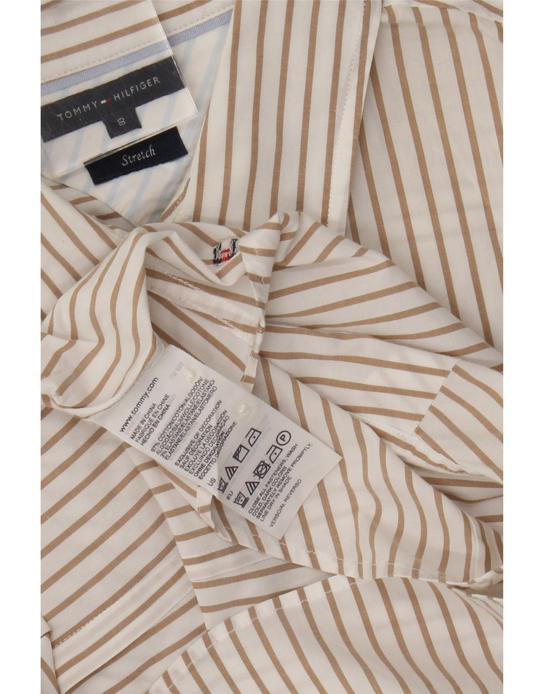 Damska koszula Tommy Hilfiger ze stretchem US 8, średnia, beżowa, bawełniana w paski