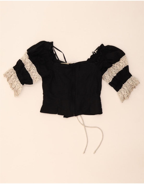 Damski gorsetowy top Trachten LANDHAUS UK 8, mały, czarny, lniany w kwiaty